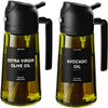 A dark green glass bottle of extra virgin olive oil with a black dispenser and sprayer top.