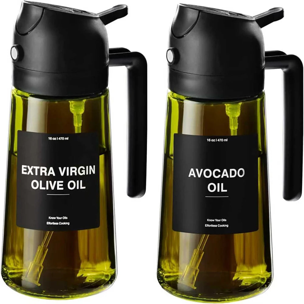 A dark green glass bottle of extra virgin olive oil with a black dispenser and sprayer top.