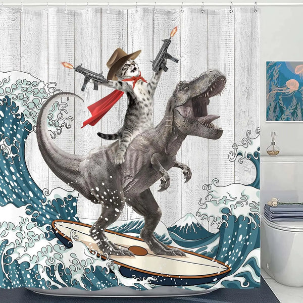 A shower curtain featuring a graphic of a sea cat riding a shark in a wave design.