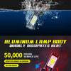 An aluminum lamp body LED fog and DRL bulb is shown being tested for waterproof performance against water.