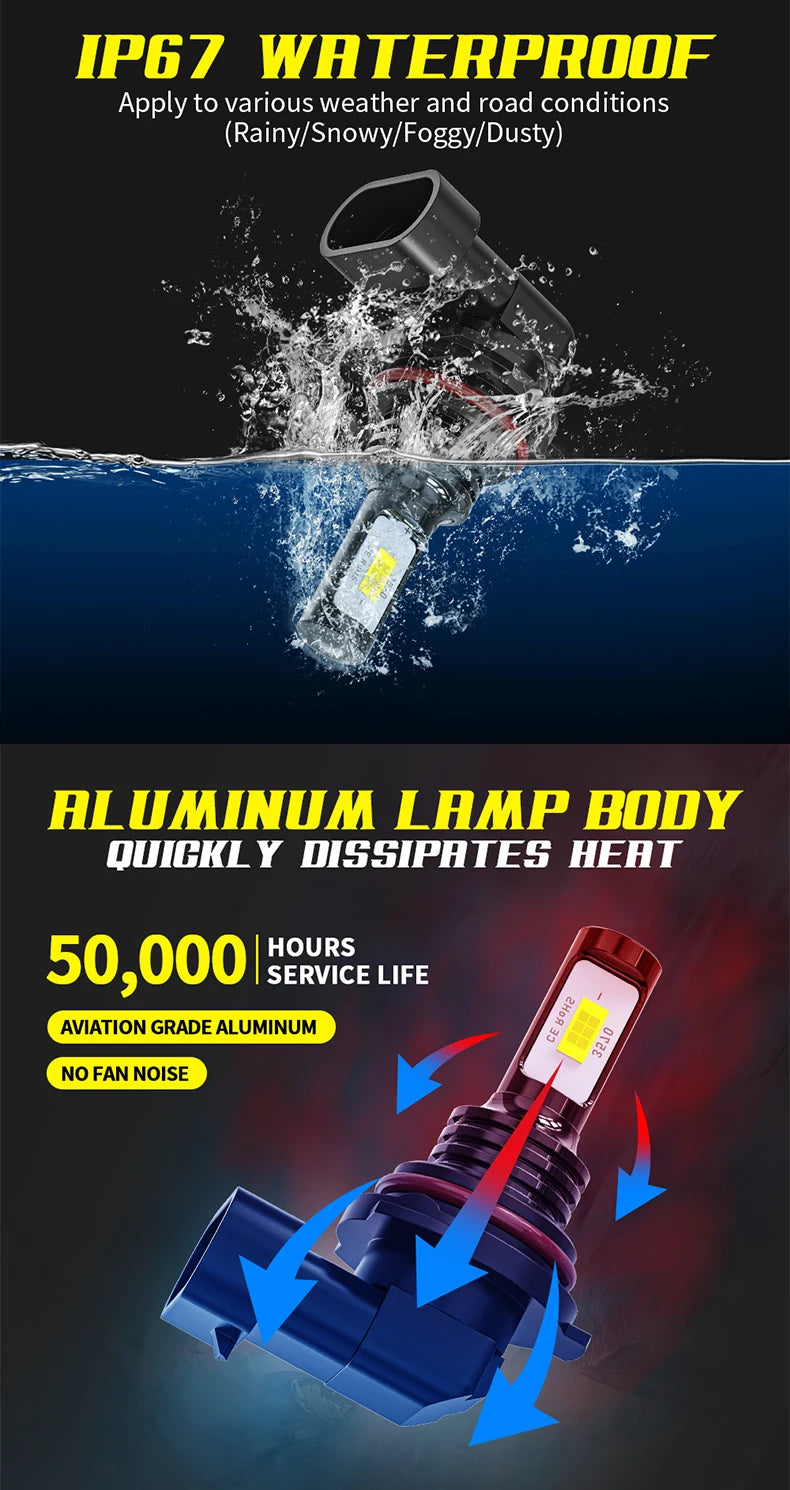 An aluminum lamp body LED fog and DRL bulb is shown being tested for waterproof performance against water.