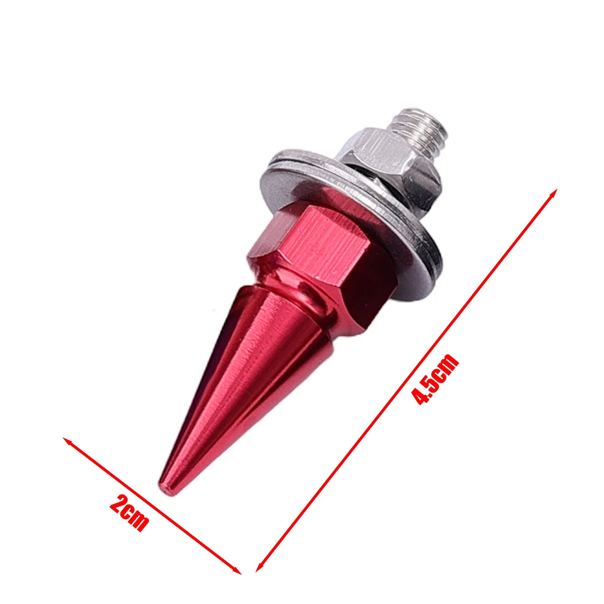 A close-up view of an M6 license plate bolt with a red finish and a silver threaded cap, showing its dimensions.