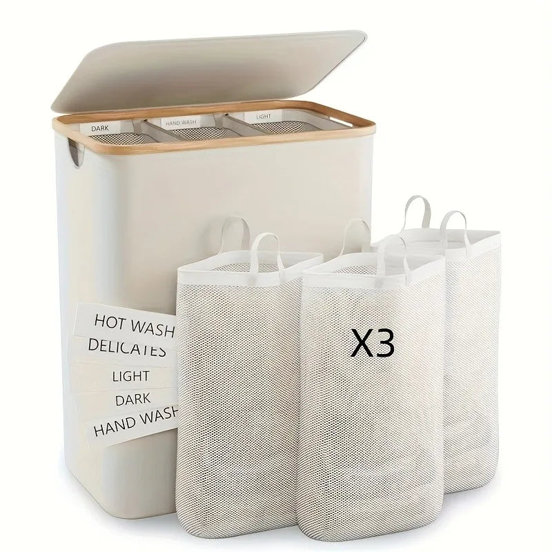 A beige foldable laundry hamper with a lid and three removable mesh bags shown next to it.