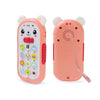 A pink musical teether phone toy with bear ears and a cord is shown against a white background.