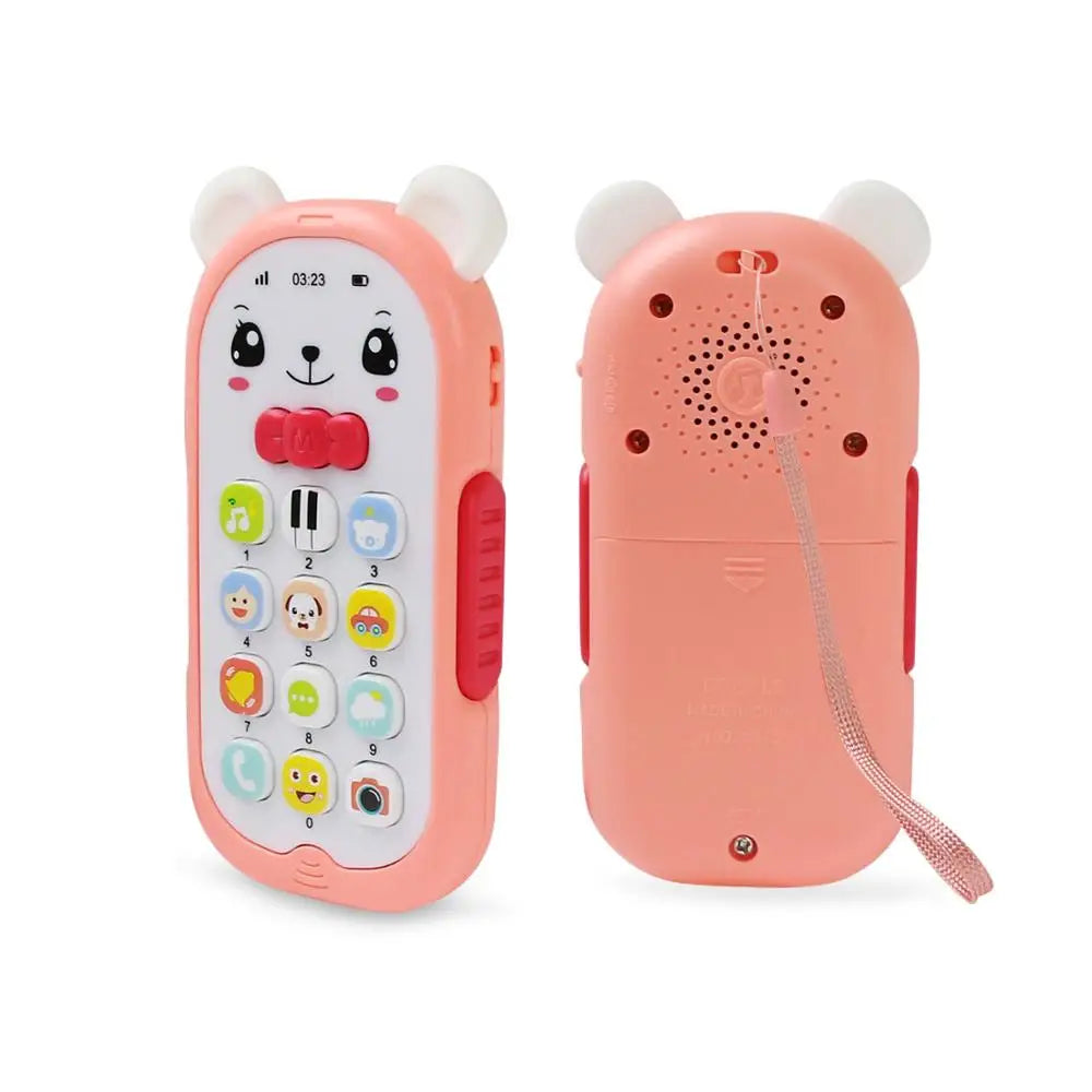 A pink musical teether phone toy with bear ears and a cord is shown against a white background.
