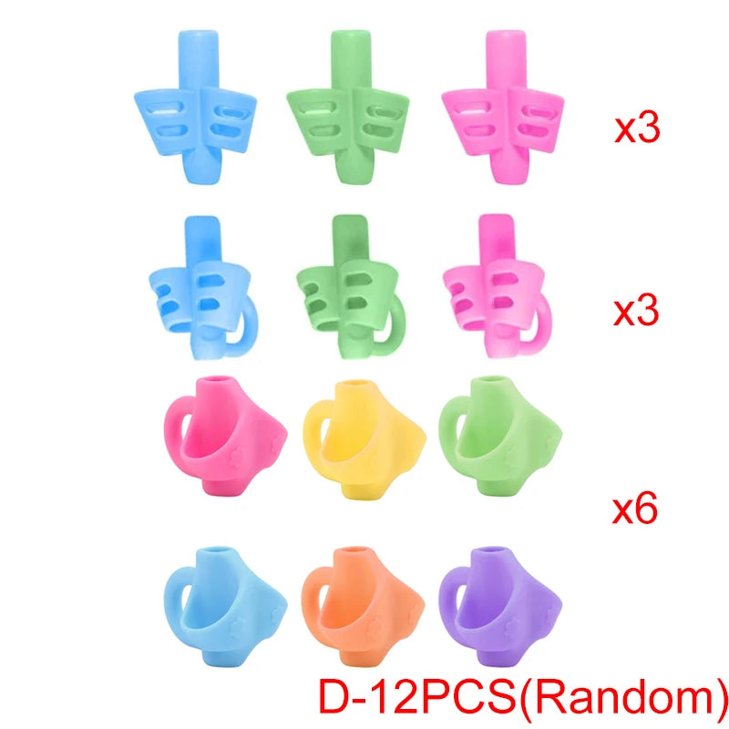 A set of colorful ergonomic pencil grip trainers for kids in various colors and shapes.