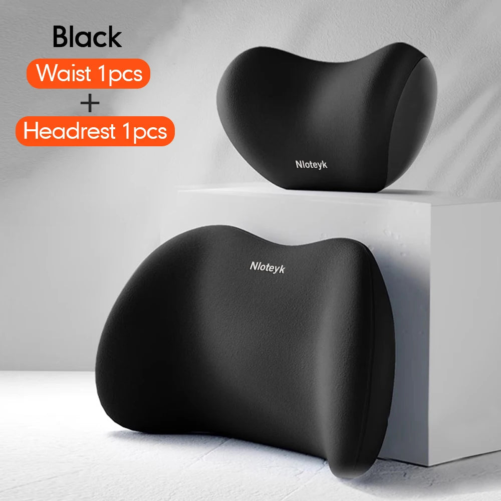 Black memory foam car headrest and lumbar support pillow shown in various views