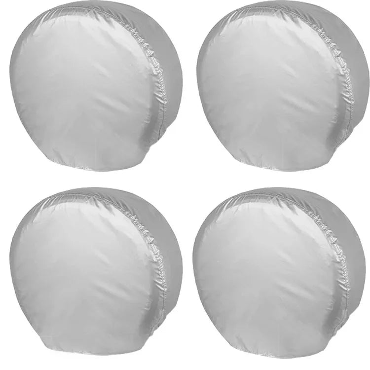 Four silver waterproof universal tire covers shown in different angles