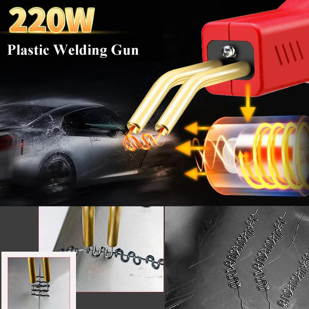 A red plastic welding gun is shown applying heat to a car body, with an inset showing the welding tool and a close-up of the 