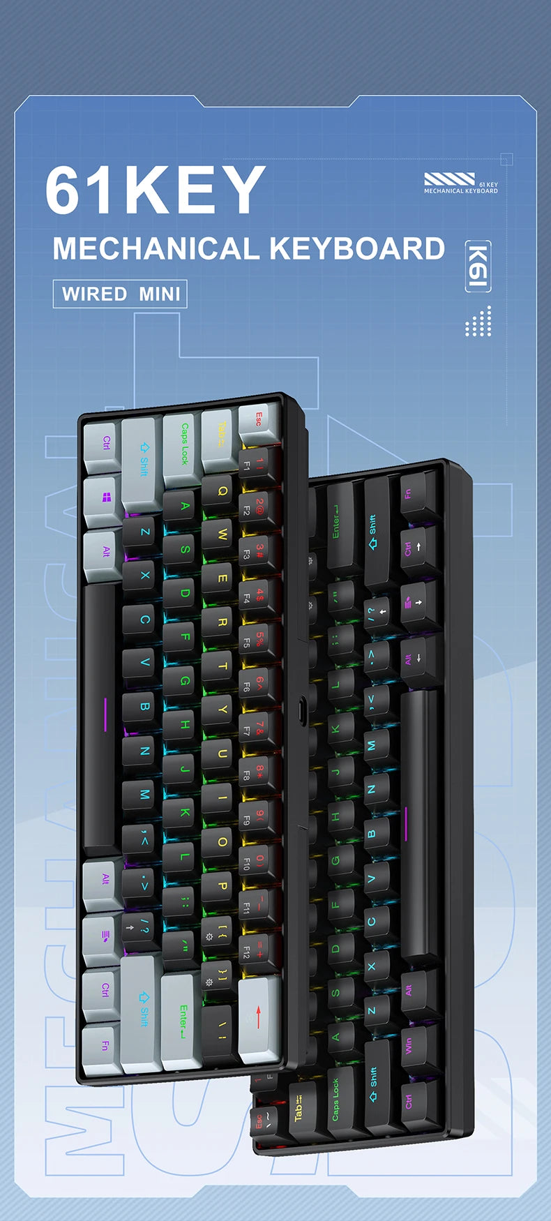 A black 61 key wired mechanical keyboard shown from the top, featuring a compact layout and RGB backlighting.