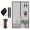 A magnetic screen door curtain featuring a mesh fabric and an auto-close mechanism, shown in a bathroom setting.