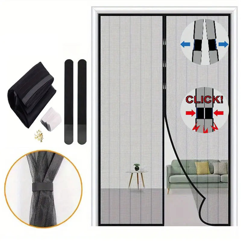 A magnetic screen door curtain featuring a mesh fabric and an auto-close mechanism, shown in a bathroom setting.