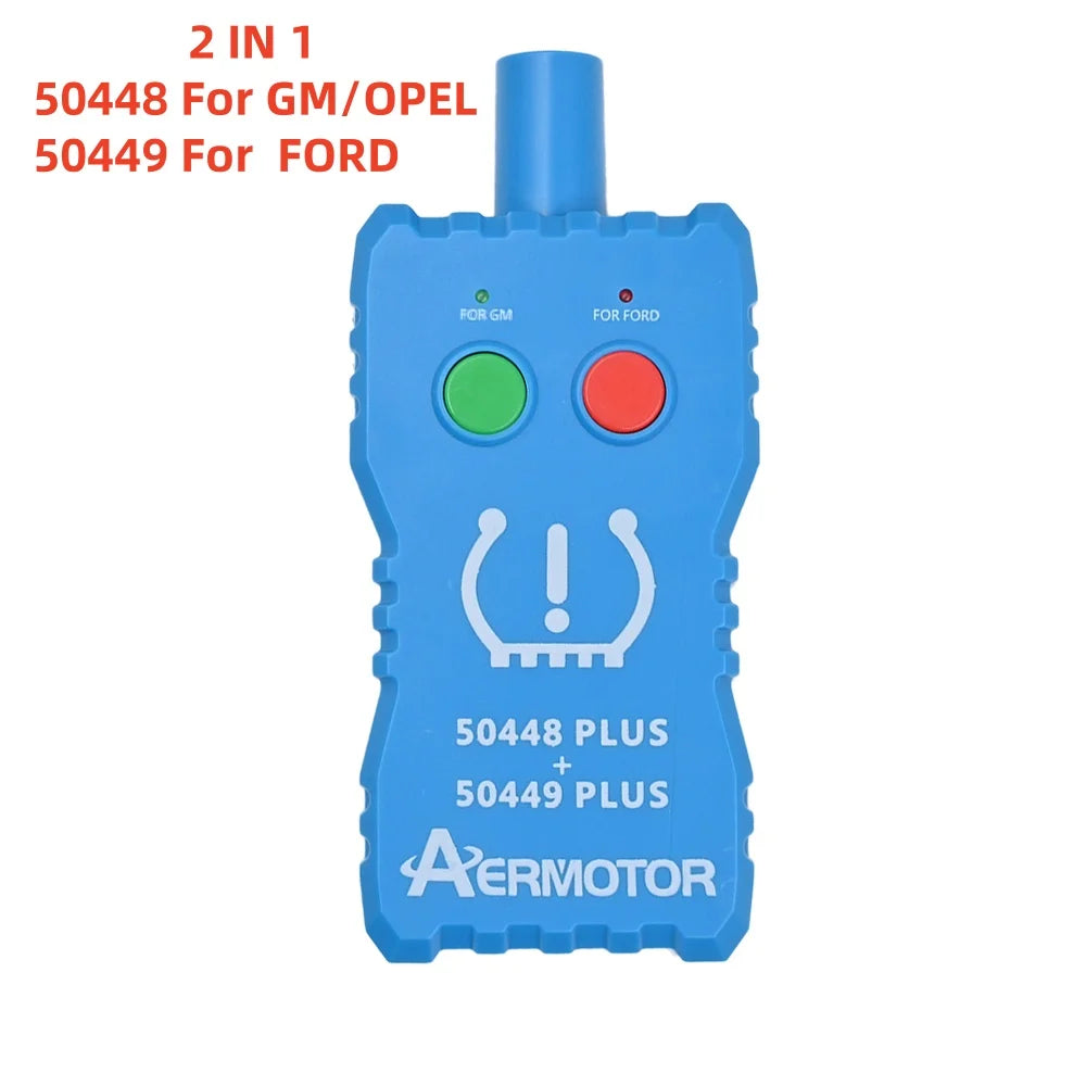 A blue 2-in-1 TPMS relearn tool for GM and Ford vehicles, featuring separate ports for each brand.