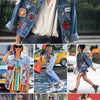 A collage showing various denim jackets and clothing customized with embroidered iron-on letter patches.