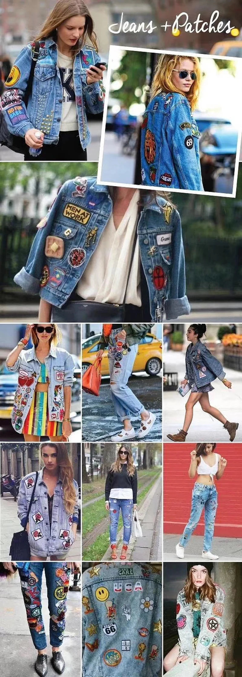 A collage showing various denim jackets and clothing customized with embroidered iron-on letter patches.