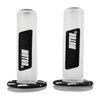 A pair of white motorcycle handlebar grips with black accents and vibration dampening features.