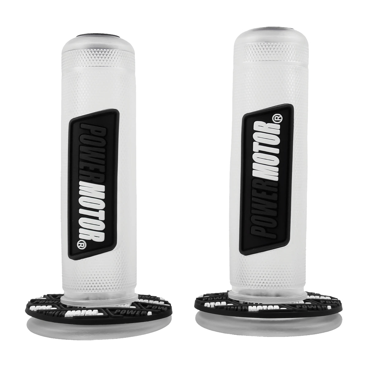 A pair of white motorcycle handlebar grips with black accents and vibration dampening features.