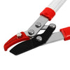Silver and red telescopic ratchet pruning shears for garden trimming