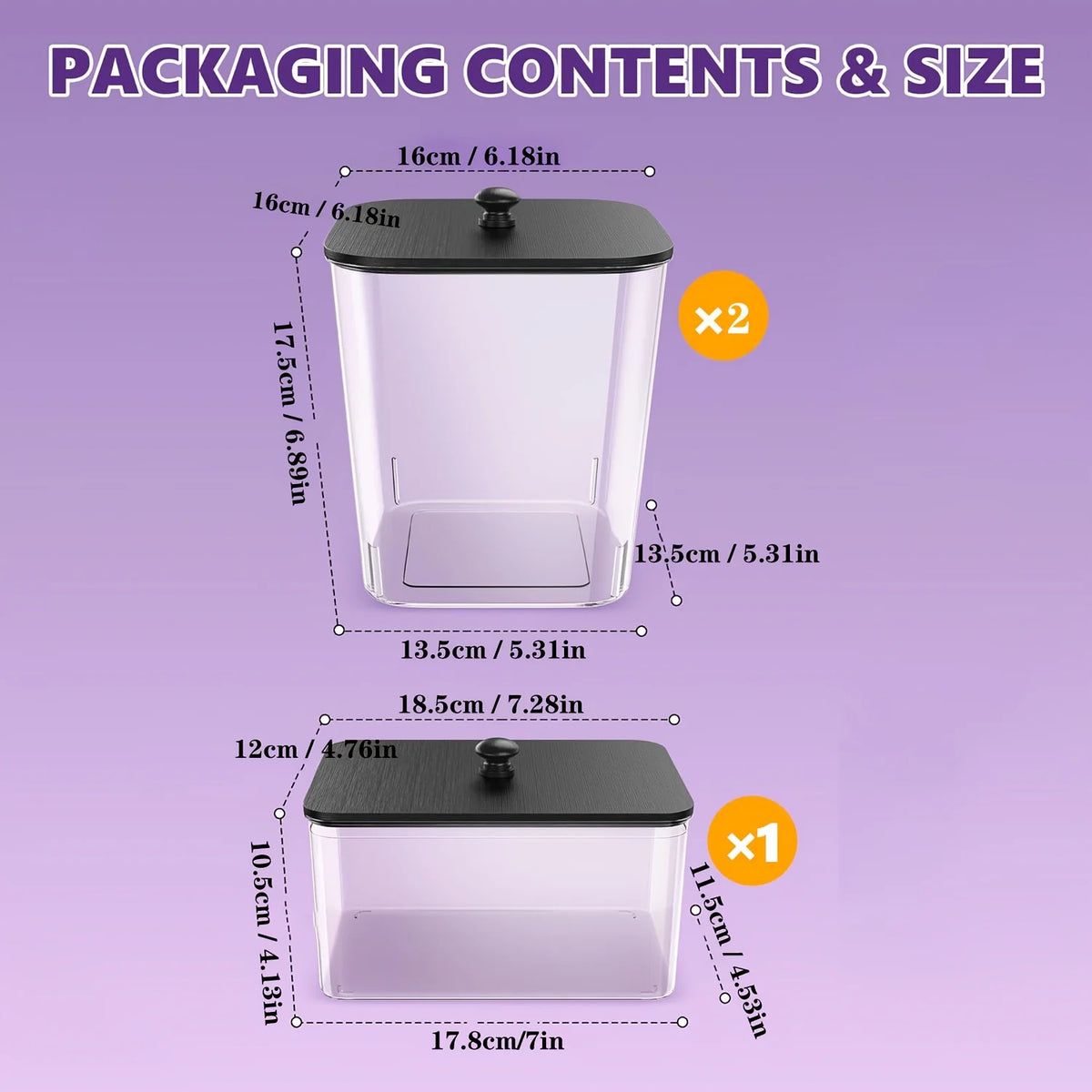 Image showing two clear plastic storage containers and one black container with dimensions labeled.