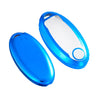 A bright blue silicone key fob cover for a Nissan vehicle, shown open and closed.