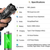 A hand holds a P50 Tactical LED flashlight with a telescopic focus adjustment and LCD power display.