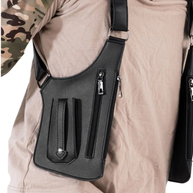 A black anti-theft underarm wallet bag with an adjustable strap is shown attached to a tan shirt.