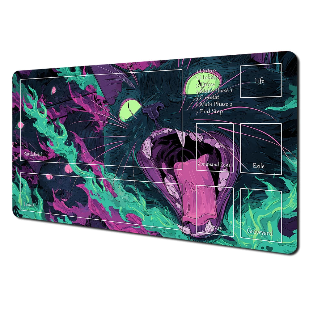 Fantasy card playmat featuring a dark, stylized illustration of an animal head with various labeled zones.