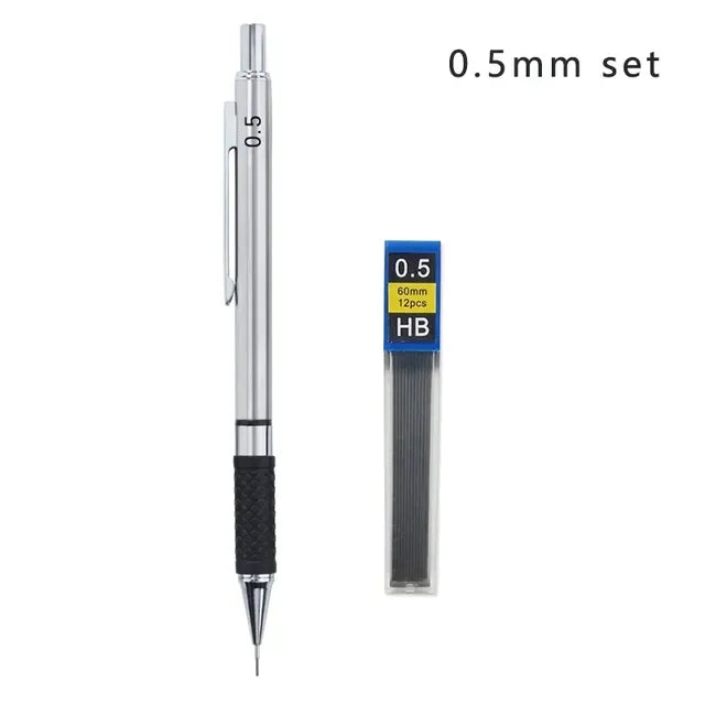 A silver professional metal mechanical pencil set with a grip and lead, labeled as a 0.5mm set.