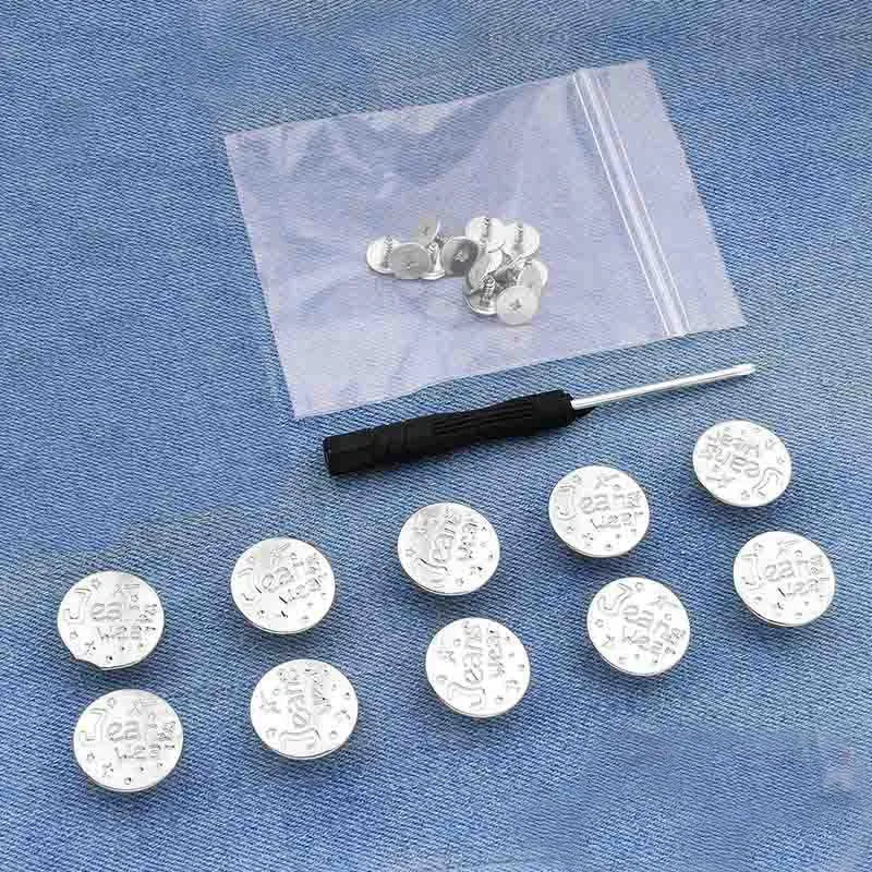 A clear plastic bag contains a set of silver instant no-sew snap button kits for loose jeans.