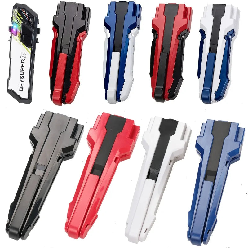 A collection of Beyblade Burst BX Series gyro launcher accessories in black, red, white, and blue colors.