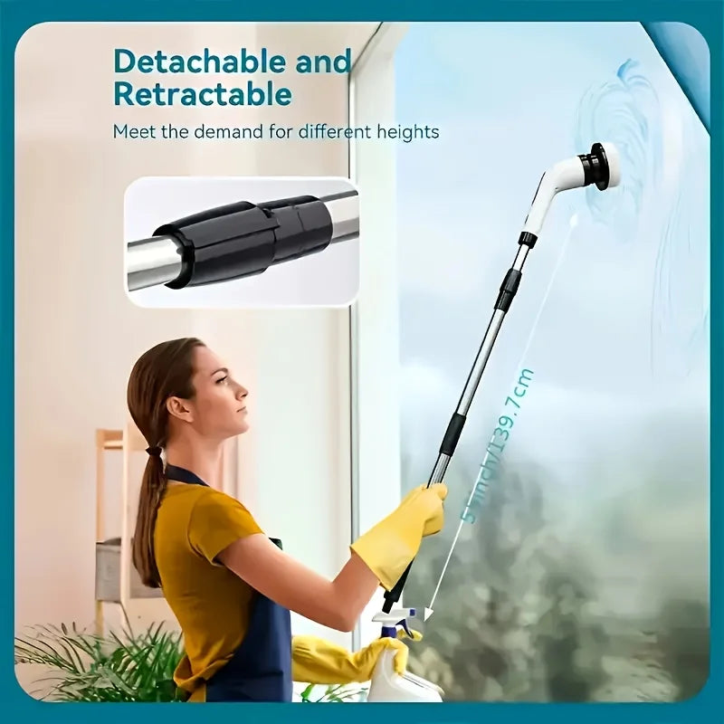 A woman is using a detachable and retractable electric spin scrubber with a long handle to clean a surface.