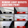 Before and after images showing light defects removed and paint restored on a car surface.
