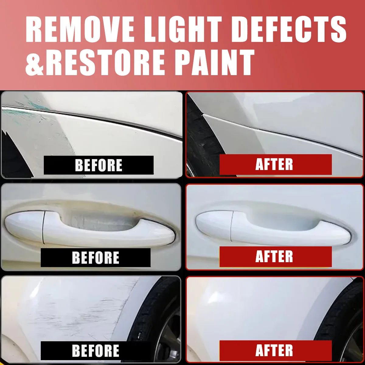 Before and after images showing light defects removed and paint restored on a car surface.