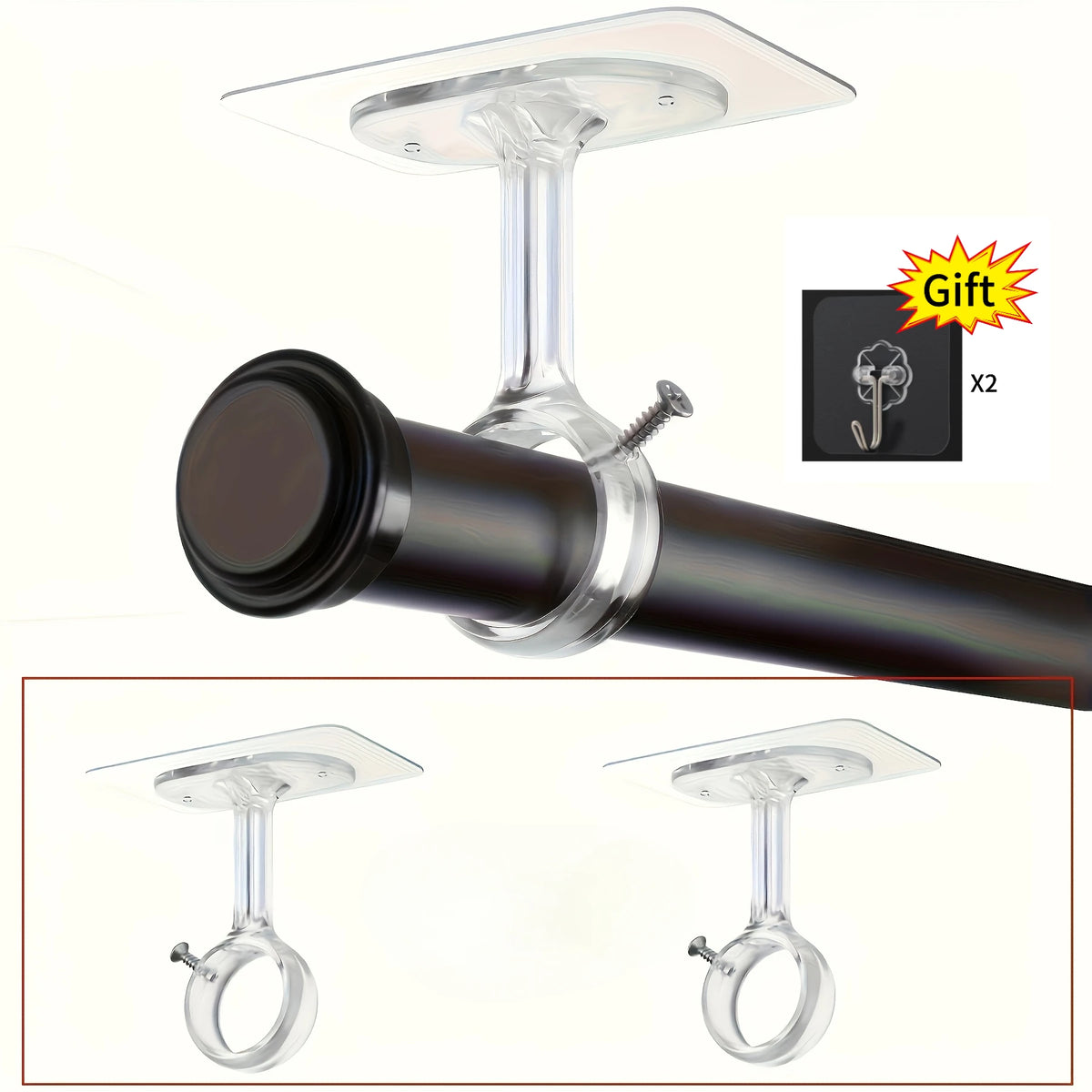 Two clear plastic ceiling curtain rod brackets with metal rings shown attached to a black rod.