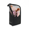Black waterproof makeup brush holder with a mesh insert and foldable stand for travel