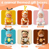 Six animal-themed gift boxes featuring mini reborn baby dolls dressed as a bee, giraffe, rabbit, deer, tiger, and brown bear.