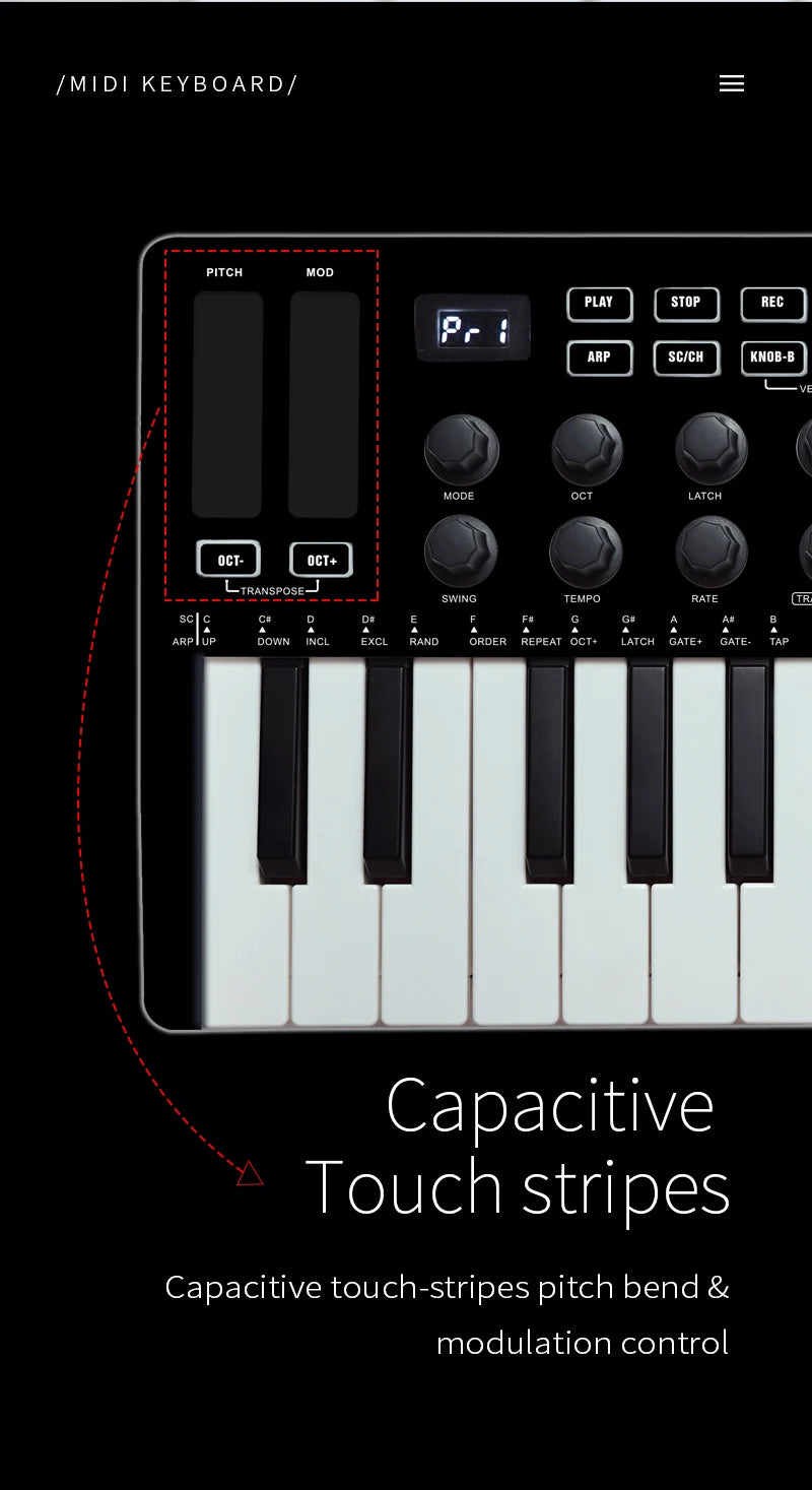 Portable 25-Key MIDI Controller with Pads and Wireless Connectivity