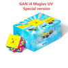 A blue box containing a GAN i4 Maglev UV Special version puzzle and yellow pieces.