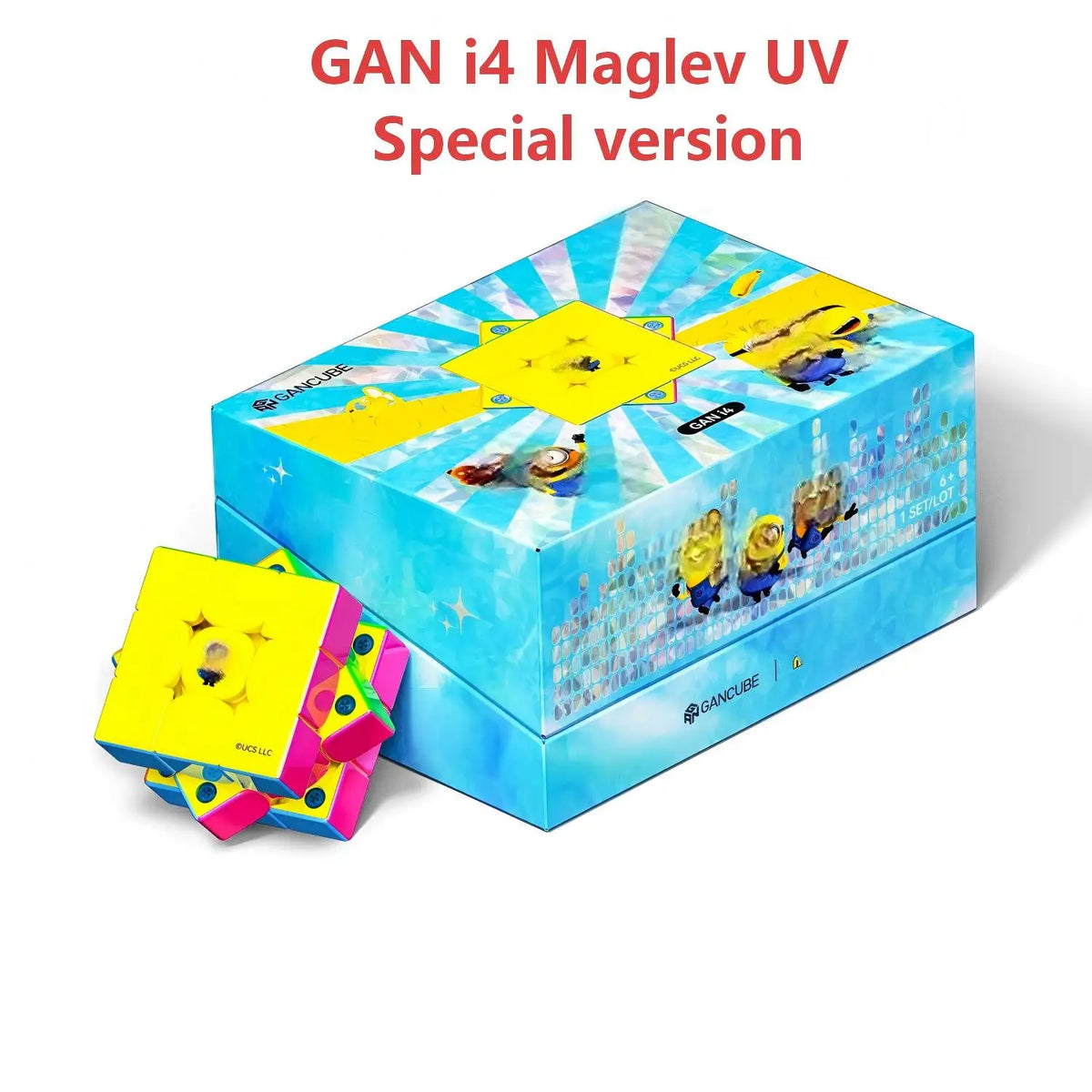 A blue box containing a GAN i4 Maglev UV Special version puzzle and yellow pieces.