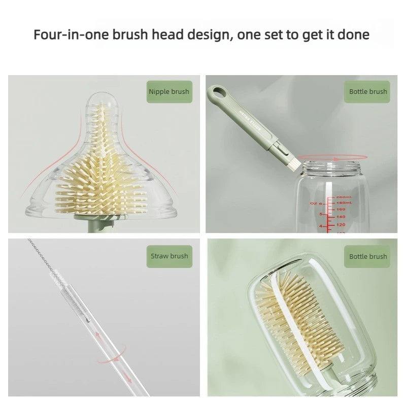 Four-in-one silicone brush head design showing nipple, straw, and bottle brushes for cleaning bottles.