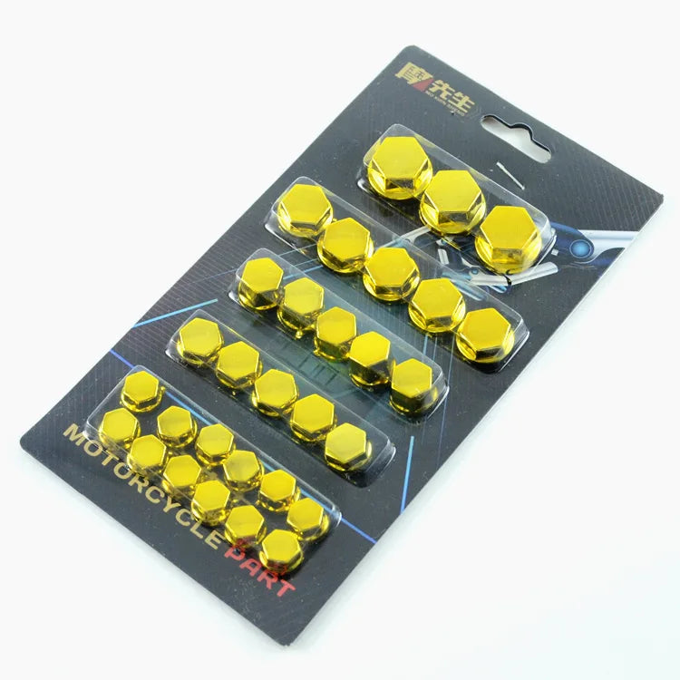 A package containing a set of 30 decorative gold-colored motorcycle screw cap covers.