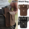 A brown genuine leather men's waist bag with multiple pockets shown in close-up against a gray shirt.