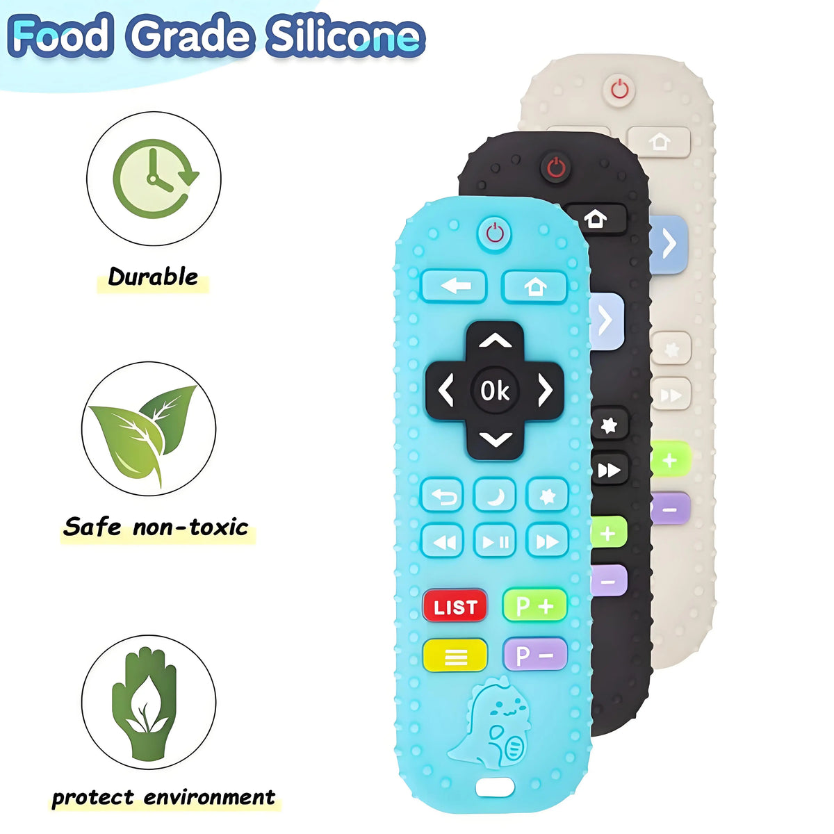 A teal silicone remote control featuring buttons for a baby teething toy.