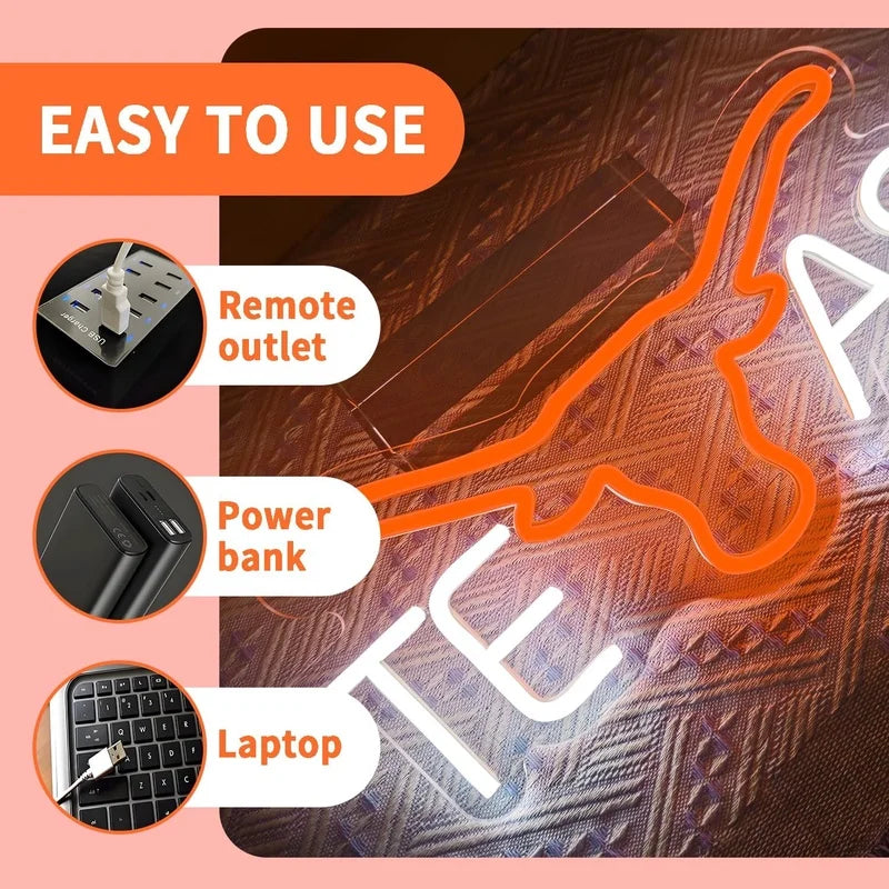 An orange cow head neon sign with a USB light, shown in various usage contexts like a remote outlet, power bank, and laptop.