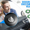 A woman and man look at a door bolt decorative ring product displayed on a car door panel.