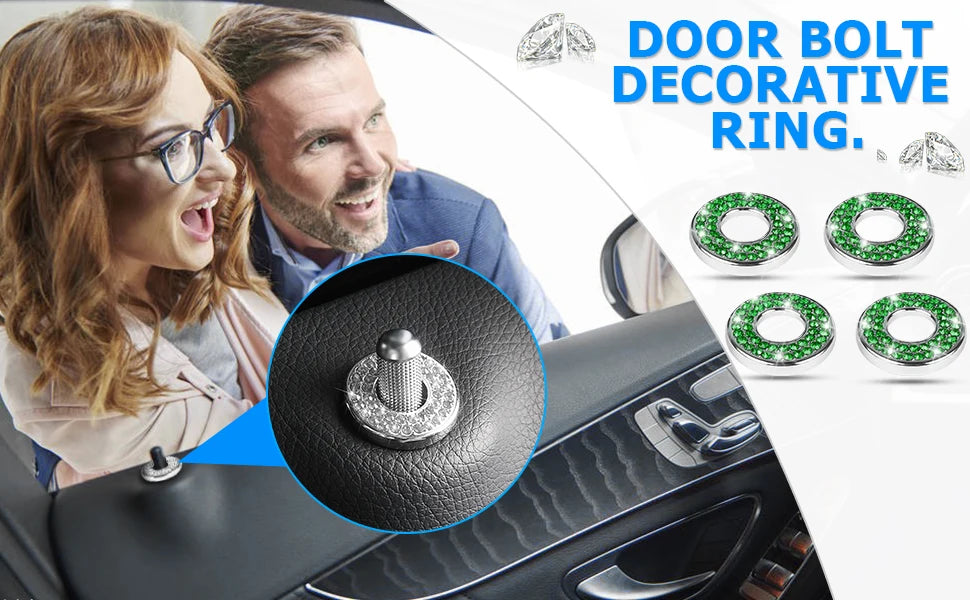 A woman and man look at a door bolt decorative ring product displayed on a car door panel.