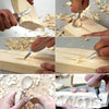 Hands demonstrate carving techniques using an 8-piece wood carving kit with walnut handles on various pieces of wood.