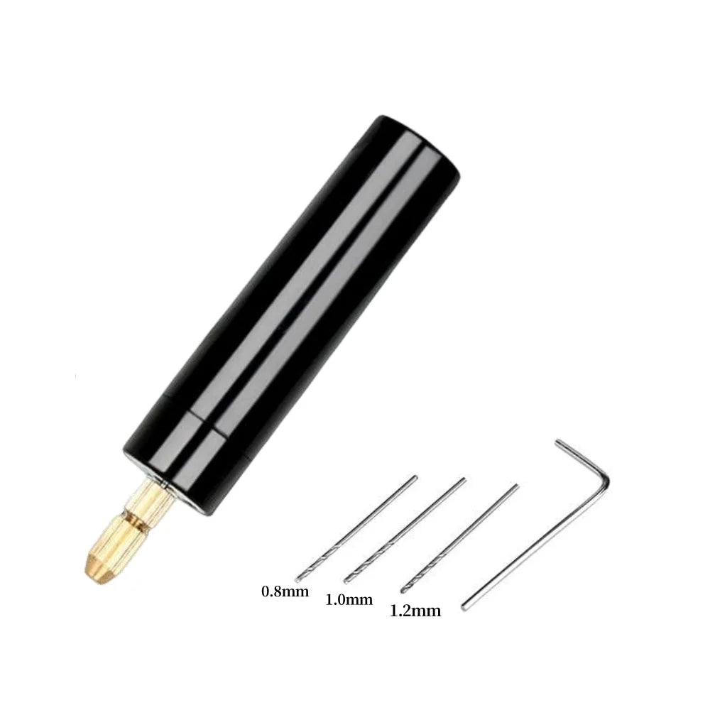 A black USB-powered mini electric drill with various sized drill bits shown on a white background.