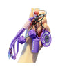 A hand holds a purple fitness keychain with a silver clasp and various purple components.