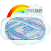 A ball of light purple and white milk cotton blend yarn is shown against a rainbow background.